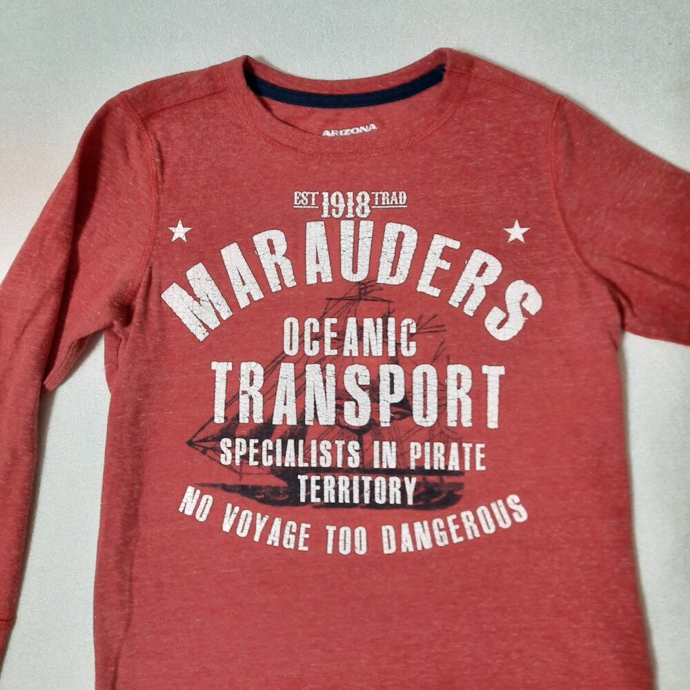BOYS NAUTICAL PIRATE MARITIME Long Sleeve Tee, Arizona Oceanic Red Tshirt, 8 Med